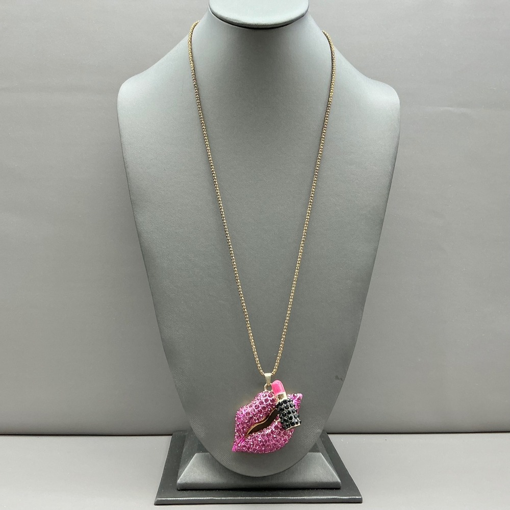 Betsey Johnson Necklace Women Pink Rhinestone Lips Lipstick Gold Tone Pendant